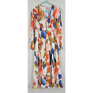 New Sissyaki sz L Long Maxi Dress multi color print v-neck long sleeves 3642